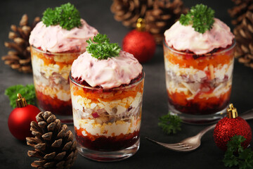 Dressed herring or herring under fur - traditional Russian salad