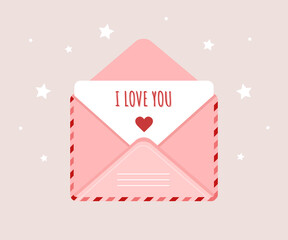 Pink envelope in cartoon style. Happy Valentines Day. I love you. Cute design concept for 14 february.
