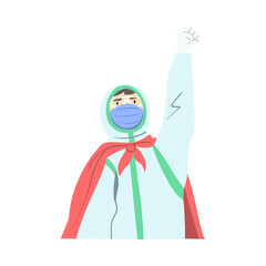 Doctor Superhero Wearing Medical Mask and Protection Suit Fighting Against Viruses, Professional Confident Doctor, Healthcare and Safety Concept Cartoon Style Vector Illustration