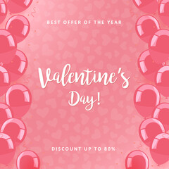 Valentines day sale poster. Commercial discount event banner. Pink background with balloons and white lettering