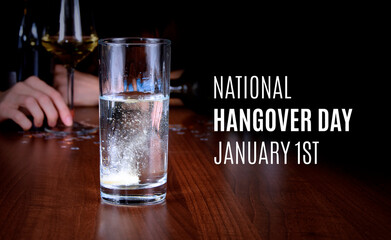 National Hangover Day stock images. Glass with effervescent tablet stock images. Hangover Day Poster, January 1. Important day