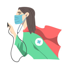 Doctor Superhero Wearing Medical Mask and Cape with Stethoscope, Professional Doctor Fighting Against Viruses, Healthcare Concept Cartoon Style Vector Illustration