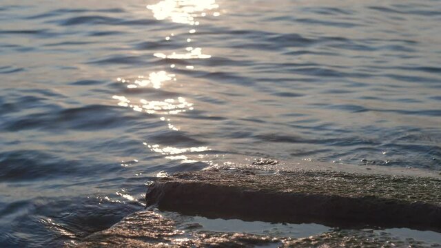 bei Sonnenuntergang brechen sich ruhige Wellen &uuml;ber einen Stein auf der Gardasee in kursiv auf
