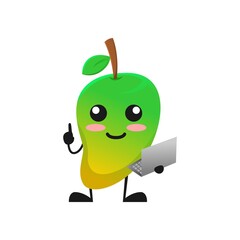 vector illustration of cute mango fruit business or character holding laptop. cute mango fruit Concept White Isolated. Flat Cartoon Style Suitable for Landing Page, Banner, Flyer, Sticker.