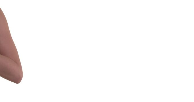 Camera moving horizontally. Naked woman covering her breasts. Isolated, white background. Copy space. Beauty and healthcare concept.