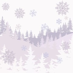 New year's landscape.  Snowy mountains, snowflakes and Christmas trees.