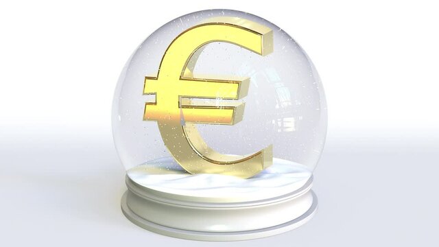 Glass snowball with euro symbol inside. Financial 3d animation