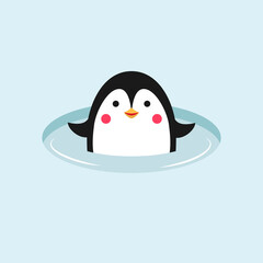 Penguin is swimming in ice hole. Nice bird. Vector illustration.