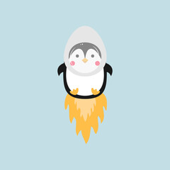 Penguin flies like a rocket. Vector illustration.