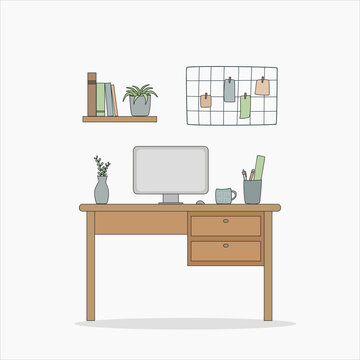Workspace at home, cozy workspace illustration, office interior flat design, 
