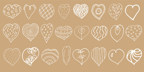 Set of simple white doodle hearts on craft background. Vector hand drawn elements for designe.