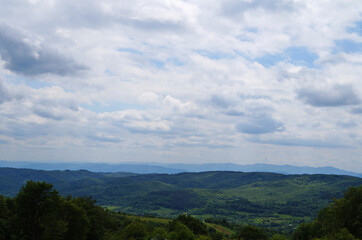 Naklejka premium Panoramic view of mountains covered with green grass and coniferous forest under blue sky on summer day