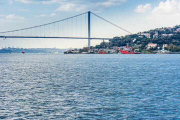 The Bosphorus Bridge, or 15 July Martyrs Bridge,  one of the three suspension bridges spanning the Bosphorus strait ,  in Istanbul, Turkey