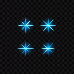 Blue glowing stars, isolated on transparent background, vector illustration.