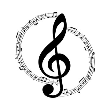 Music notes and treble clef, round musical design element, vector illustration.