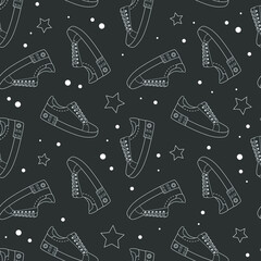 Contour sport shoes, fashionable creative sneackers with studs and buckles. seamless pattern vector illustration.