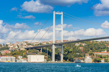 The Bosphorus Bridge, or 15 July Martyrs Bridge,  one of the three suspension bridges spanning the Bosphorus strait ,  in Istanbul, Turkey