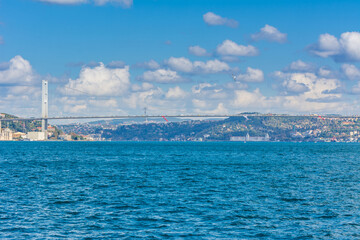 The Bosphorus Bridge, or 15 July Martyrs Bridge, one of the three suspension bridges spanning the Bosphorus strait , in Istanbul, Turkey