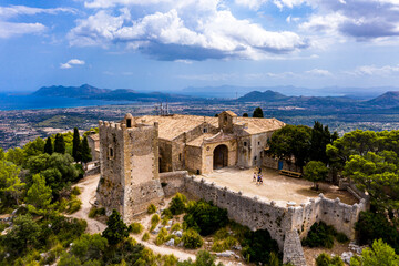 Fototapeta na wymiar Aerial view, flight at Santuari de la Mare de Déu del Puig, Pollença ,Tramuntana Mountains, Mallorca, Balearic Islands, Spain.
