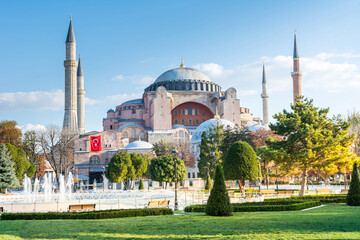 Hagia Sophia Holy Grand Mosque in the morning against blue sky in autumn in Istanbul, Turkey