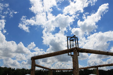 sky, cross, construction, blue, crane, religion, wood, wooden, clouds, symbol, industry, sign, building, faith, old, pole, tower, christ, power, architecture, equipment, cloud, church