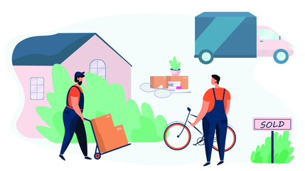 Moving into new house. Delivery man moving boxes in new house. Workers is carrying a bicycle. Service for moving and transporting things and objects. Moving truck. Flat vector Illustration