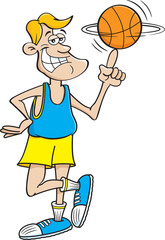 Cartoon illustration of a smiling basketball player spinning a basketball on his finger.