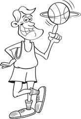 Black and white illustration of a smiling basketball player spinning a basketball on his finger.