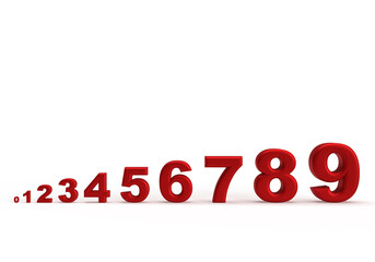 Red number countdown on white isolated background.