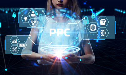 Pay per click payment technology digital marketing internet concept of virtual screen. PPC