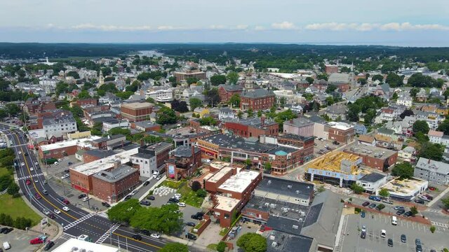Aerial view of Gloucester historic city center and City Hall, city of Gloucester, Cape Ann, Massachusetts MA, USA.