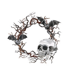 Watercolor hand drawn Halloween illustration. Creepy and dark holiday dead tree wreath, scary skull, black bats, isolated on white background. Spooky banner for cards, invitations. Retro gothic style.