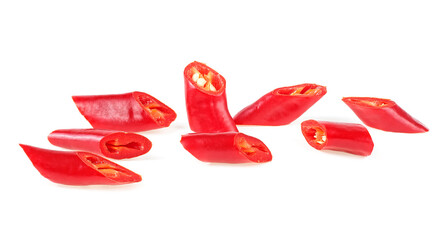 Sliced red hot chili peppers isolated on a white background. Chilli pieces isolated.