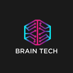 brain tech logo illustration design template with black background logotype