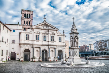 Ancient Romanesque style church. Basilica of San Bartolomeo all'Isola in Rome. Romanesque church on the Tiber island.