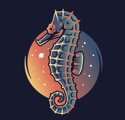 Marine seahorse into starry sky space. Nautical wanderlust and adventure illustration. Ocean explorer
