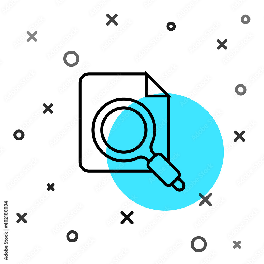Poster black line search concept with folder icon isolated on white background. magnifying glass and docume