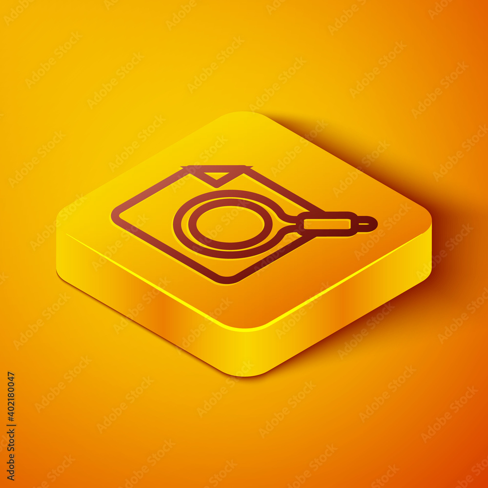 Poster isometric line search concept with folder icon isolated on orange background. magnifying glass and d