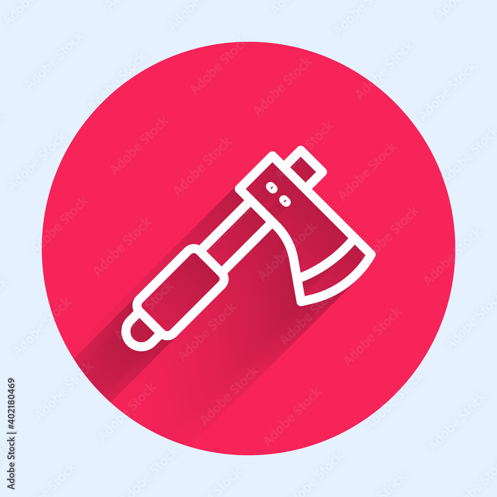 Poster white line wooden axe icon isolated with long shadow. lumberjack axe. red circle button. vector.