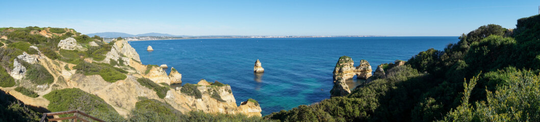 panorama view of rugged wild coast in the beautiful Algarve region of Portugal
