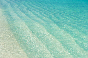 Fototapeta na wymiar Ocean water background. Turquoise texture of shore beach with sand