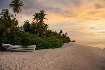 Sunset over the tropical beach with coconut palms and boa. the sea shore with white sand and palm trees and a boat.