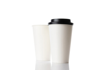 Business paper cup for hot coffee with black lid isolated on white background. White blank, large, medium and small Takeaway paper.