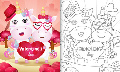 coloring book for kids with Cute valentine's day unicorn couple illustrated