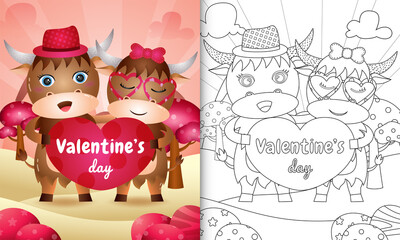 coloring book for kids with Cute valentine's day buffalo couple illustrated