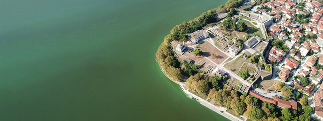 Aerial drone ultra wide panoramic photo of famous castle and mosque in lake of Ioannina, Epirus...