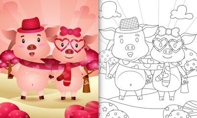 coloring book for kids with Cute valentine's day pig couple illustrated