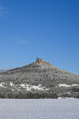 Winter view of the Hohenzollern Castle on a forested hill under a clear blue sky. Snow covers the trees and the fields in the front.