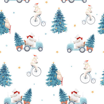 Beautiful vector christmas seamless pattern with hand drawn watercolor cute polar bear illustrations.