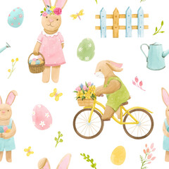 Obraz na płótnie Canvas Beautiful vector seamless pattern with watercolor cute bunny boy on bike with basket of flowers and rabbit girl.